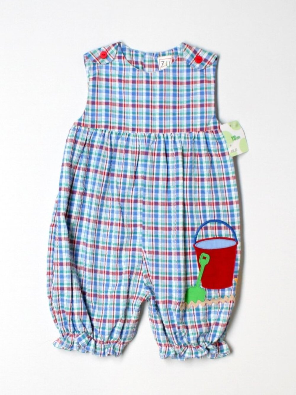 New Baby Girl Zu Plaid Beach Shovel Pail Summer Ric Rac Romper Size 18 Months
